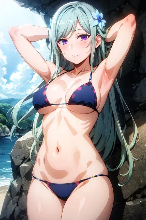 masterpiece, best quality, 1girl, looking at viewer, cute, bikini, (seascape, day, sunlight), medium breasts, purple eyes, <lora:Freya:1>, freya \(danmachi\), grey hair, long hair, beautiful detailed eyes, beautiful detailed glow, lots of glow, arms behind head, embarrassed, (cowboy shot:1.4),