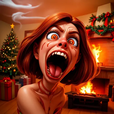 Full shot. Dutch angle A standing woman with a shocked, open mouth expression in the style of a cartoon: mouth wide open, her mouth wide open looking at a burning Christmas tree in the middle of a room.<lora:mouth_slider_v1:4.0> . In the style of a cartoon: wide open mouth jaw dropped open exagerated face expression. the background is a room on fire, thick orange smoke<lora:zoom_slider_v1:2.0> <lora:add_detail:1.0> <lora:add_saturation:2.0>