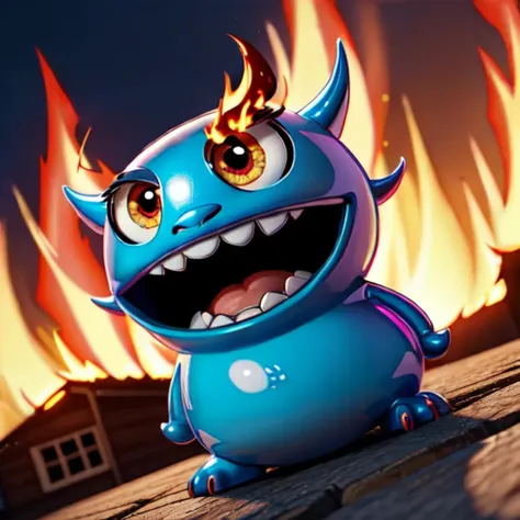 disney render, pixar render, pixar style a cute monster looking at a burning house, dutch angle, googly eyes, <lora:mouth_slider_v1:0.8> open_mouth,