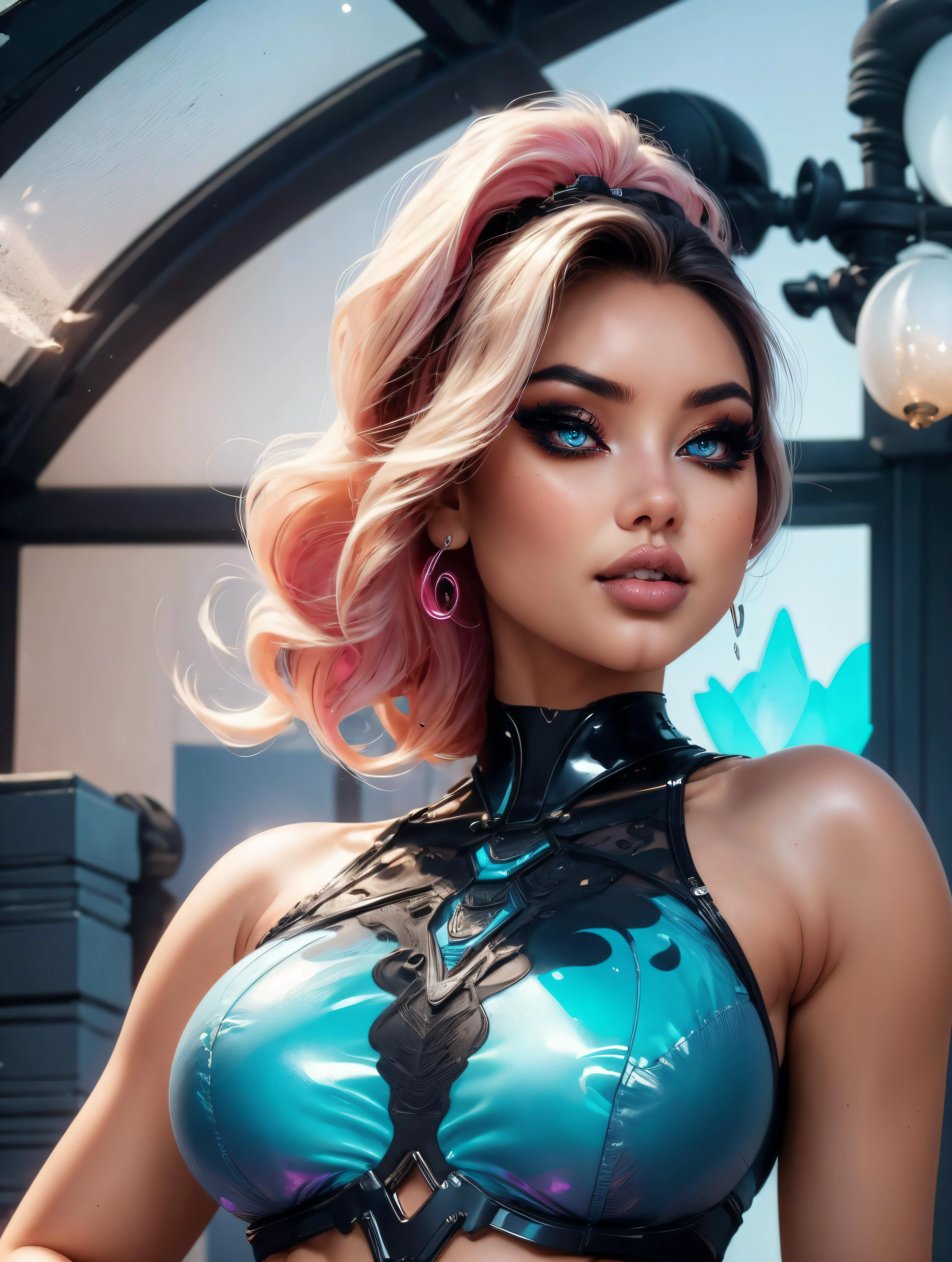 Cyberpunk Fantasy Art Vibrant neon lighting style, 2d_artwork, <lora:Cyberbrep1.1:0.5>, BREAK
Quality: (edgQuality:1.2), (8k, absurdres, best quality, realistic, intricate details, ultra high res, photorealistic, masterpiece, extremely detailed, cinematic light, Unreal Engine:1.4), (ultra realistic 8k cg, uhd, sharp focus, digital art:1.0), BREAK
Subject: (full body front view:1.3) of a Philippine woman, (asian skin:1.4), <lora:Sexy-Philippine:0.8>, glamorous woman, <lora:p3r3zstyle_v3:0.8> perezstylegirl,
-Body - slimthick (chubby) bodytype,
-Face - beautiful, big lips, big amber eyes, (stunning makeup, lipgloss, strong lipliner, heavy eyeliner, false eyelashes:1.2), <lora:glam style makeup:1>, <lora:eyelashes_slider_v3:0.5>, <lora:eyeliner_v1:0.5>, <lora:mouth_slider_v1:-2>
-Hair - (Rolled Chignon:1.3),
-fFaceDetail, SkinDetail, EyeDetail, HairDetail, fHandDetail, (perfect hands, tanned skin, detailed hair, smooth skin, oiled skin, shiny skin, young:1), BREAK
Outfit: patent techno-crop top, cyber-silk trousers, big earrings, BREAK
Place: (time-warping party hangar, glass,slate tiles roof,electrochromic smart glass windows, wall-mounted sconces,chimineas, wall washing:1.5), (sexy pose:1.2), BREAK
Details: <lora:LORA-XenoDetailer-v3A:1>, <lora:NSFWFilter:-0.5>, <lora:Dices_real_style_cartoon:0.5>, BREAK. Glowing neon tubes, bright luminous colors, intricate bent shapes, vibrant pink and blue tones, Cyberpunk, often for dystopian future, hackers, or neon aesthetics.