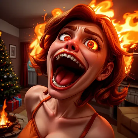 Full shot. Dutch angle A standing woman with a shocked, open mouth expression in the style of a cartoon: mouth wide open, her mouth wide open looking at a burning Christmas tree in the middle of a room.<lora:mouth_slider_v1:4.0> . In the style of a cartoon: wide open mouth jaw dropped open exagerated face expression. the background is a room on fire, thick orange smoke<lora:zoom_slider_v1:2.0> <lora:add_detail:1.0> <lora:add_saturation:2.0>