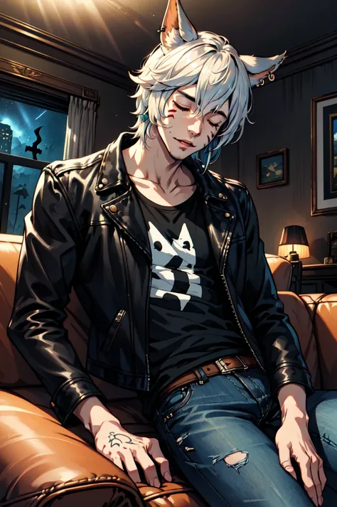 1boy, male focus, solo, Simple-Miqote BadBoyVibes-GenderFree FallingAsleep-Horror