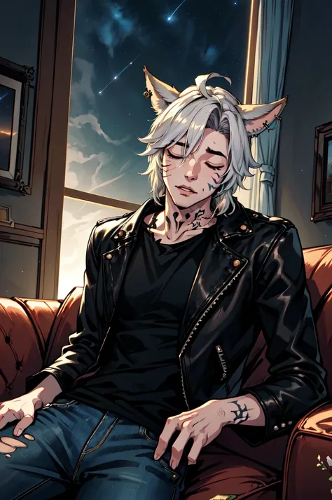 1boy, male focus, solo, Simple-Miqote BadBoyVibes-GenderFree FallingAsleep-Horror