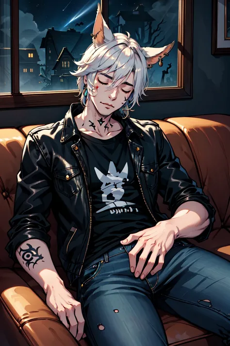 1boy, male focus, solo, Simple-Miqote BadBoyVibes-GenderFree FallingAsleep-Horror