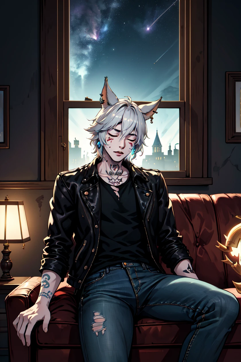 1boy, male focus, solo, Simple-Miqote BadBoyVibes-GenderFree FallingAsleep-Horror