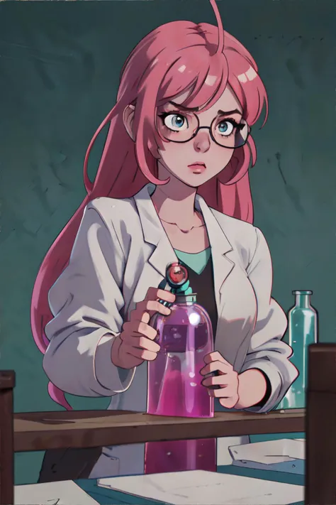 Crea una escena, Where a Girl Scientist, It's in your lab, with scientific jars, with greenish and purple lighting