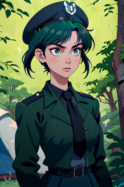 <lora:tomboy:1.0> tomboy woman, short forest green hair, wearing British Women's Royal Naval Service (Wrens) Uniform: Navy blue, jacket and skirt, white blouse, black necktie, navy cap, insignia, WWII, European Forest, dense woodland, leafy cover, makeshift campsites, hidden weapons cache, masterpiece, 8k, high resolution, shallow depth of field, sharp focus