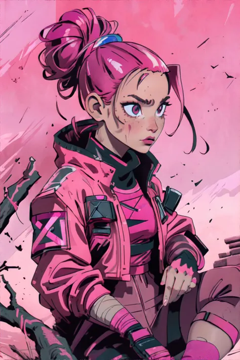 <lora:urbansamurai:0.6> woman wearing fuchsia pink urbansamurai techwear jacket with buckles and tape, Burnt orange Messy Side Bun, eroded cliffs, crumbling edges, treacherous footing, panoramic vistas, masterpiece, 8k, high resolution, shallow depth of field, sharp focus