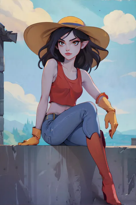 <lora:marceline-yeiyei:0.4>, MarcelineWaifu,1girl, red tank top, cowboy boots, skinny jeans, yellow gloves, sunhat, sitting on ledge, <clip:skip:2> || skin, hair, clothing, masterpiece, 8k, high resolution, shallow depth of field, sharp focus