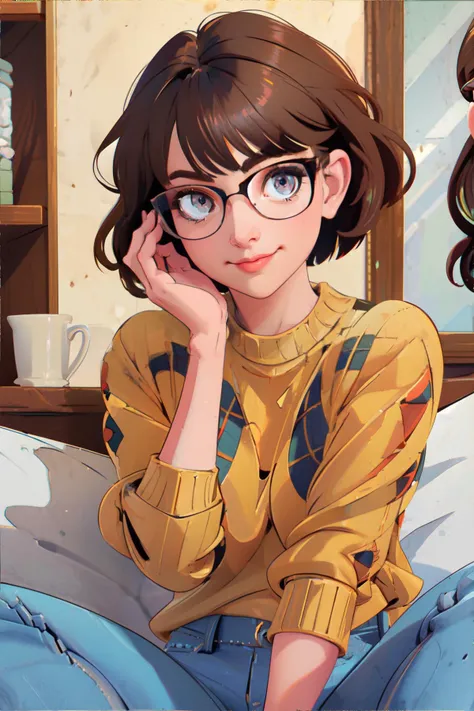 <lora:bzl_06:0.8> bzl_test, <lora:pullover:1.0>, woman wearing plaid edgPO pullover and jeans, brown curly bob haircut, (blue|grey|green) eyes, glasses, (freckles|), closed smile || masterpiece, perfect quality, sharp focus, shallow depth of field, 8k