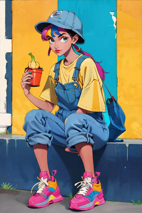 woman wearing 90s fashion: baggy denim overalls, colorblock t-shirt, sneakers, banana bucket hat
