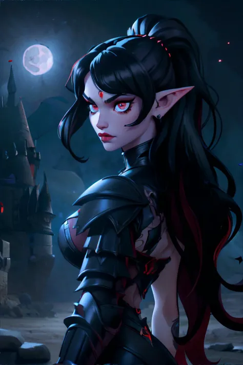 <lora:gothgalarmor:0.7>, gothgal wearing drk_glam armor, female knight, dark_glam, black Tousled beach waves hairstyle, piercing red eyes, cowboy shot, detailed symmetrical eyes, castle exterior at night, full moon, elf ears, fantasy character art, <lora:detailslider:0.5> || skin, hair, metal armor, masterpiece, 8k, high resolution, shallow depth of field, sharp focus