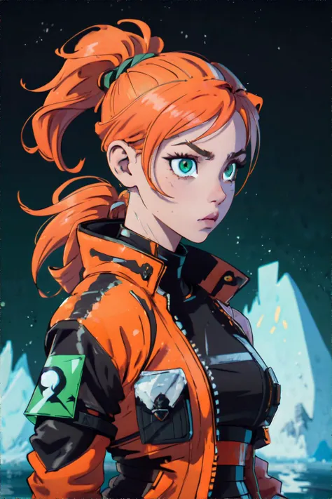 <lora:urbansamurai:0.6> woman wearing orange urbansamurai techwear jacket with buckles and tape, Apple green Bubble Ponytail, cracked ice shelf, melting glaciers, frigid waters, vanishing polar landscapes, masterpiece, 8k, high resolution, shallow depth of field, sharp focus