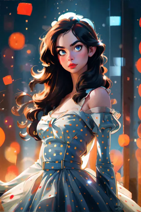 <lora:bokeh:0.5> glowingdust, bokeh, woman wearing Fit and flare polka dot dress with cap sleeves, (heat, cold, warmth palette) || masterpiece, 8k, high resolution, shallow depth of field, sharp focus