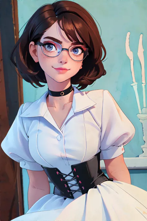 <lora:sheerdresscorset-freckledvixon:0.7>, <lora:bzl:0.8>, sh33rc0rs3tdr3ss, bzl_test, white dress, black corset, black choker necklace, short curly brown hair, (grey|blue) eyes, glasses, (freckles:0.4), closed smile || illustration, hair, skin, soft dress, masterpiece, 8k, high resolution, shallow depth of field, sharp focus