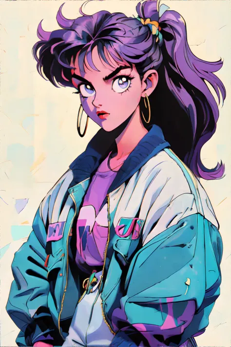 <lora:niji-1990:0.8>, woman wearing wearing 90s fashion: colorblock windbreaker jacket, gold hoop earrings, sunglasses, baggy JNCO jeans, white sneakers,, 1990s style high ponytail in a bright scrunchie, masterpiece, 8k, high resolution, shallow depth of field, sharp focus