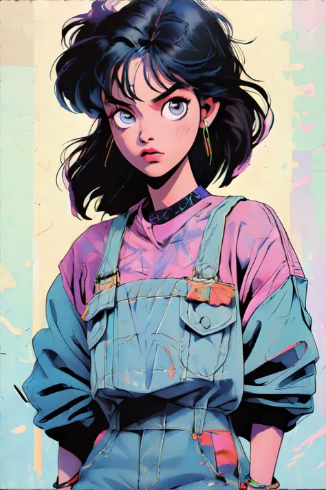 <lora:niji-1990:0.8>, woman wearing wearing 90s fashion: tie-dye t-shirt, denim overalls, platform sneakers, brightly colored bracelets, masterpiece, 8k, high resolution, shallow depth of field, sharp focus