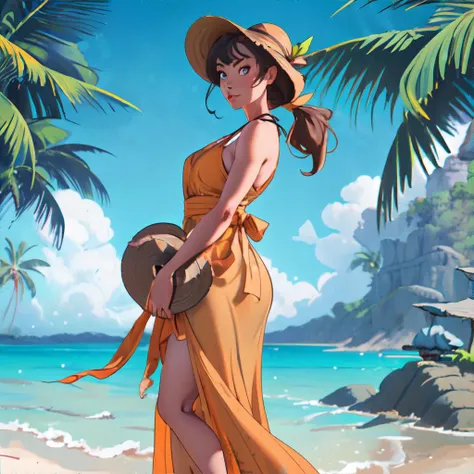 Siren woman with Honey Caramel Blend Low Ponytail with Ribbon Wrap, wearing Tropical Island Escape: Maxi dress, floppy hat, and sandals., (Misty Moorland with Ancient Standing Stones|blurred background), masterpiece, 8k, high resolution, shallow depth of field, sharp focus