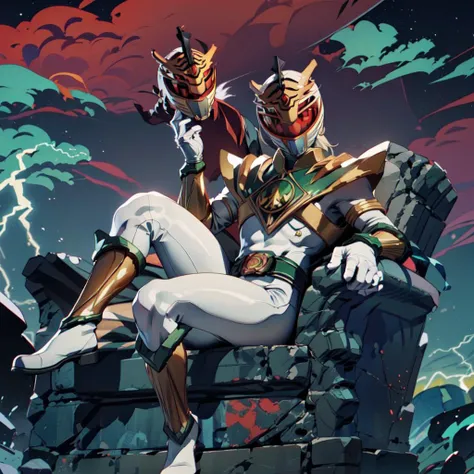<lora:LordDrakkon-10>, (lord drakkon),armor,helmet,bodysuit,belt,red eyes,gloves,mask,boots,horns,single horn,gold armor,white gloves,white bodysuit,vambraces, sitting, throne, holding mask, lookint at viewer, baclkighting, silhouette, bloom, night sky, (lightning, thunder, dark clouds:1.2)