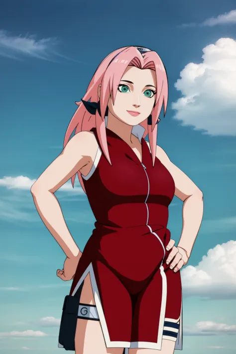 masterpiece, best quality, 1girl,haruno sakura, pink hair, long hair, green eyes, forehead protector, smile, hands on hips, blue sky, cloud, hidden village <lora:Sakura:1> <lora:DakzkyV3:1>