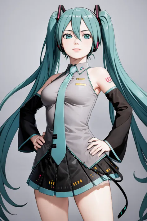 masterpiece, best quality, 1girl, hatsune miku, closeup, solo, hands on hips, simple background <lora:DakzkyV3:1>