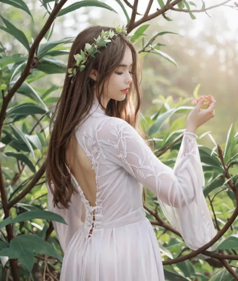 dal, (realistic:1.3), (intricate detail:1.2), 1girl, solo, long_hair, bangs, brown_hair, long_sleeves, dress, one_eye_closed, food, hand_up, white_dress, fruit, plant, arm_behind_back, branch, vines,