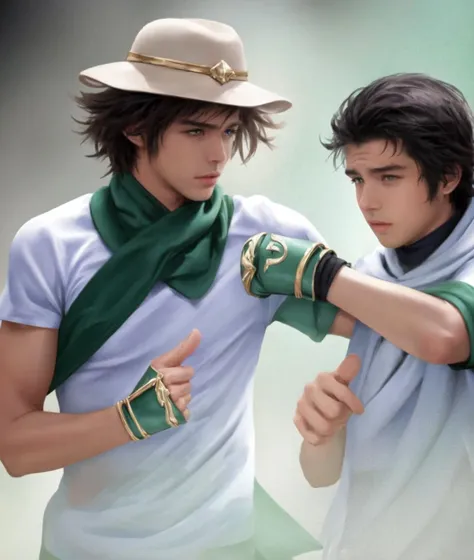 dal, (realistic:1.3), (intricate detail:1.2), 2boys, bad_id, bad_pixiv_id, caesar_anthonio_zeppeli, choke_hold, fingerless_gloves, gloves, green_theme, headband, jojo_no_kimyou_na_bouken, joseph_joestar, joseph_joestar_(young), miyabi_(run), multiple_boys, scarf, strangling,