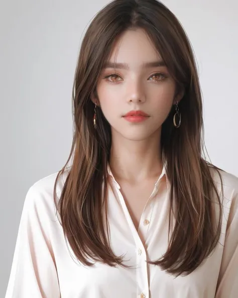 dal, (realistic:1.5), (best quality, masterpiece, intricate detail:1.2), , 1girl, solo, long hair, looking at viewer, bangs, simple background, brown hair, shirt, white background, brown eyes, jewelry, closed mouth, white shirt, earrings, collared shirt, lips, parted bangs, eyelashes, makeup, portrait, forehead, red lips,