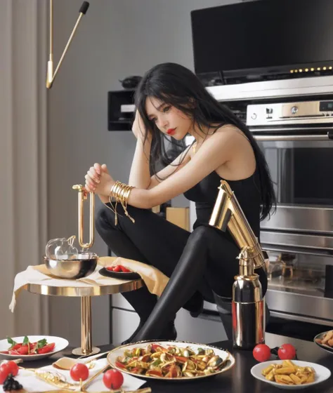 dal, (realistic:1.3), (intricate detail:1.2), 1girl, 1girl, black eyes, , Red keyhole turtleneck top, black faux leather leggings, gold cuff bracelet, black stiletto heels,, , Cooking school,, [confused expression, puzzled, perplexed, bewildered:0.7],