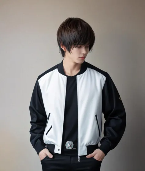 dal, (realistic:1.3), (intricate detail:1.2), 1boy, male focus, solo, shirt, jacket, black shirt, pants, short hair, black pants, open clothes, black jacket, brown hair, open jacket, black hair, white shirt, black eyes, tattoo, long sleeves, closed mouth, school uniform, watch, wristwatch,