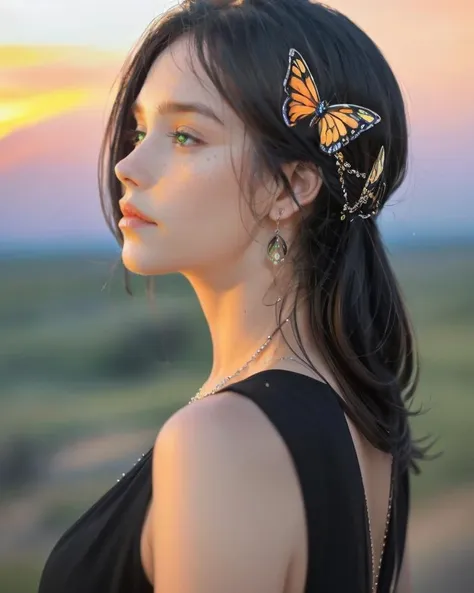 dal, (realistic:1.5), (best quality, masterpiece, intricate detail:1.2), , (sunset:1.3), dark, 1girl, solo, jewelry, bug, earrings, head rest, butterfly, green eyes, long hair, freckles, black hair, necktie, profile, sky, upper body, black necktie, outdoors, evening, shirt, lips, hand on own face, gem, looking down,,