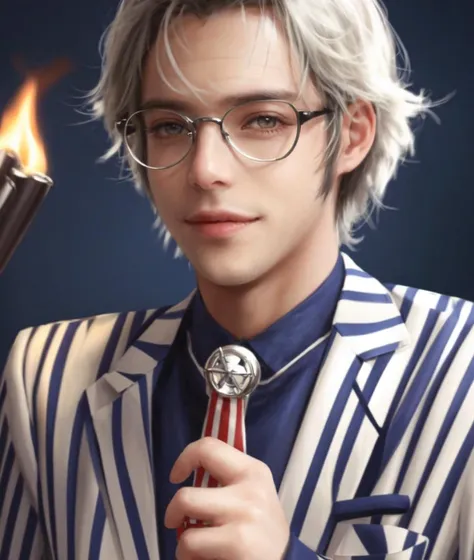 dal, (realistic:1.3), (intricate detail:1.2), 3boys, ao_no_exorcist, brothers, facial_hair, fire, glasses, goatee, grin, male_focus, mephisto_pheles, multiple_boys, nechi774, necktie, okumura_rin, okumura_yukio, photoshop_(medium), pointy_ears, projected_inset, siblings, smile, striped, striped_necktie, sword, uniform, weapon,