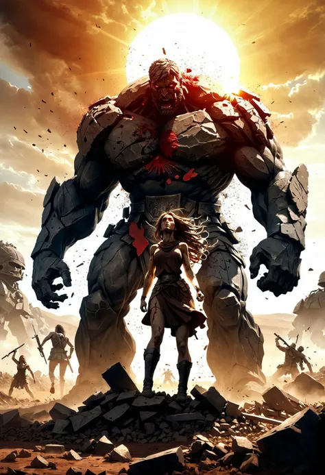 Stone giant reigns on battlefield, crushing a war girl, holding a struggling war man, scene bathed in dying sunlight, battlefield filled with remnants of fallen warriors, air thick with dust and scent of blood, mans screams break silence, giant symbolizes ongoing war.