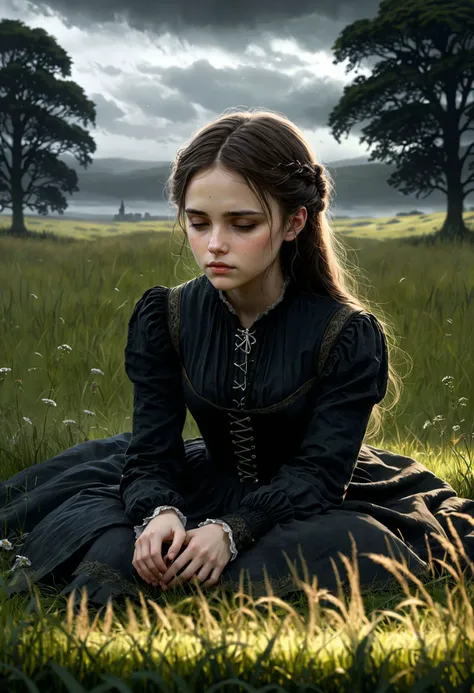 Melancholic girl on grass, underscore solitude, highlight contemplative gaze, delicate posture, blend with atmospheric detail thunder, dim light at dreary meadow, echo with a gothic novel touch, in the style of Bront sisters.