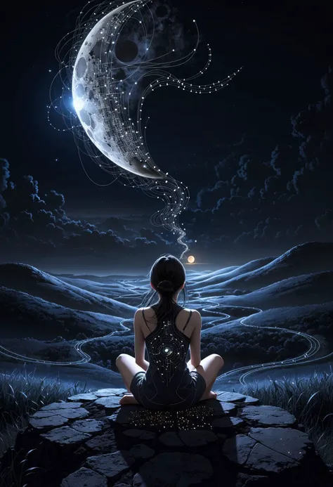 <lora:linquivera:1> linquivera girl sitting on a small hill looking at night sky, fflix_dmatter, back view, distant exploding moon, nights darkness, intricate circuits and sensors, photographic realism style, detailed textures, peacefulness, mysterious.