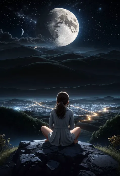 A woman sitting on a rock looking at the moon - SeaArt AI