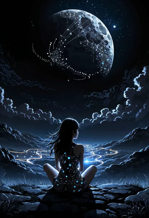 <lora:linquivera:1> linquivera girl sitting on a small hill looking at night sky, fflix_dmatter, back view, distant exploding moon, nights darkness, intricate circuits and sensors, photographic realism style, detailed textures, peacefulness, mysterious.