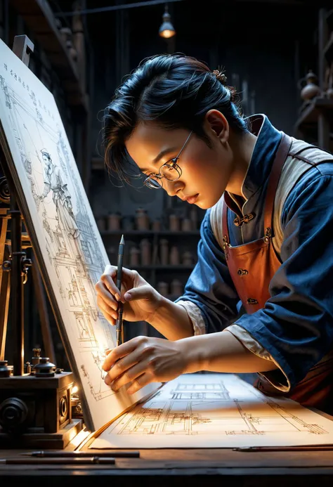 Engineering tips Wen Shengtu, blend technical precision, highlight intricate blueprints, focused gaze, skilled hands, add atmospheric detail soft backlighting, dawns first light at modern workshop, end with a Da Vinciesque touch, in the style of Renaissance sketches.