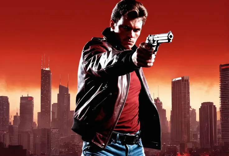 The image features a man holding a gun in a dramatic pose, with a red background and a city skyline in the background. The man appears to be a character from a or television show, possibly a superhero or a character from a science fiction franchise. The man is wearing a leather jacket and has a serious expression on his face. weapon, gun, realistic, solo, handgun, brown hair, retro artstyle, 1980s (style), jacket, revolver, 1boy