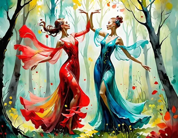 watercolor painting (embedding:BRYO-XL.pt:1.1), BRYO-XL, two sfemale eklves wearing transparent pastel gowns are dancing with each other on a magical forest glade, paintsplashsdxl . vibrant, beautiful, painterly, detailed, textural, artistic