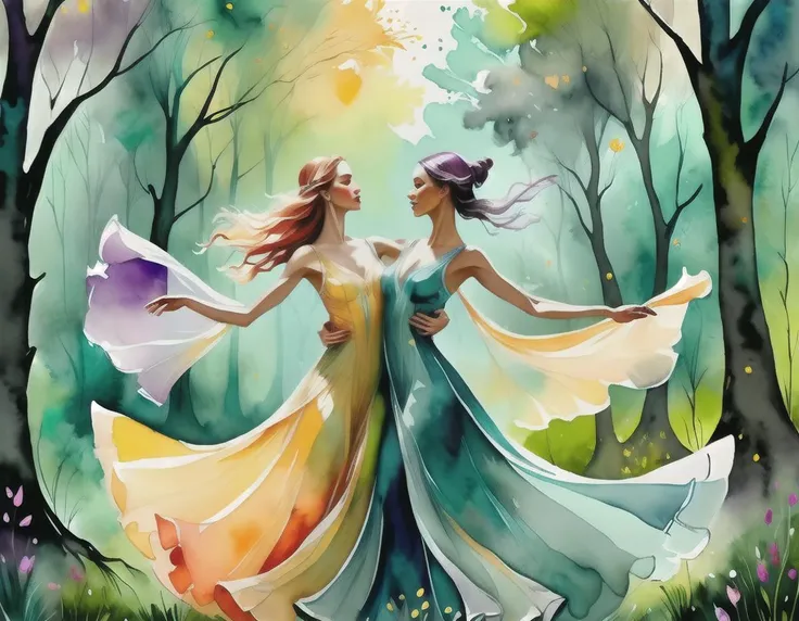watercolor painting (embedding:AcePalette.safetensors:1.1), AcePalette, two sfemale eklves wearing transparent pastel gowns are dancing with each other on a magical forest glade, paintsplashsdxl . vibrant, beautiful, painterly, detailed, textural, artistic
