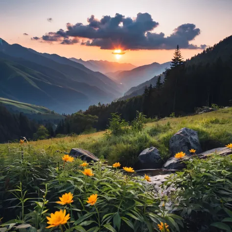 the sun setting behind mountains is just below clouds, outdoors, sky, cloud, tree, no_humans, cloudy_sky, nature, scenery, forest, sunset, mountain, landscape