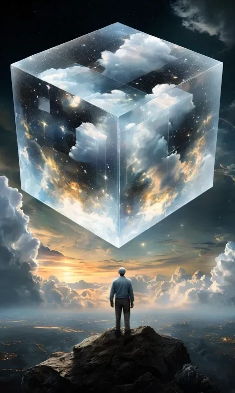 Bosch-style, a translucent cube traps eerie clouds, the starsscape warps, time distorts, surrealism reigns, stars, Glowing, sparkling