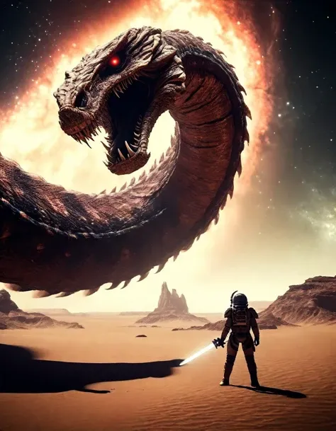 cinematic film still of a space warrior with a photon sword on a deserted planet with a giant space snake, vignette, highly detailed, high budget hollywood movie, cinemascope, moody, epic, gorgeous, film grain