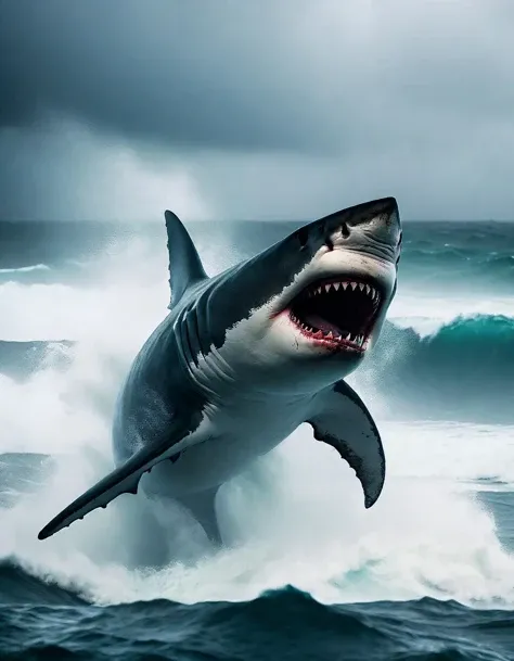 cinematic photo of big white shark in a tropical storm in a tropical island with huge waves and strong winds, 35mm photograph, film, bokeh, professional, 4k, highly detailed