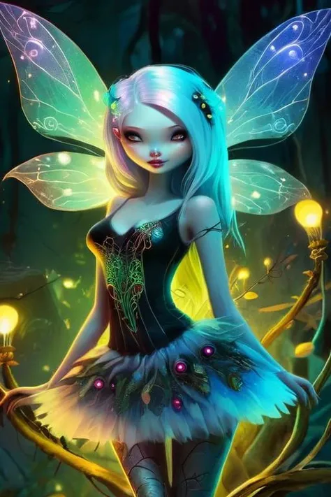 photography of a creepy and cute fairy, perfect face, intricate details, realism, colorful cyberpunk <lora:drawix3:1> drawix3, dwx3