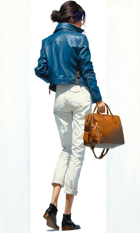 Minimalist,Art,Painting,Illustration,Ultra high details,a woman with a leather bag and a blue jacket standing in front of an empty white painting on a wall,view from behind,bright background,Atey Ghailan,book cover,a poster,les automatistes