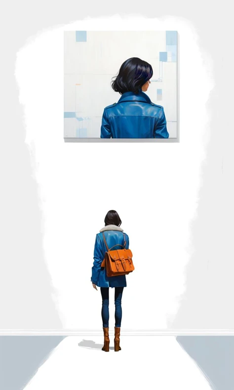 Minimalist,Art,Painting,Illustration,Ultra high details,a woman with a leather bag and a blue jacket standing in front of an empty white painting on a wall,view from behind,bright background,Atey Ghailan,book cover,a poster,les automatistes
