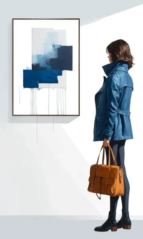 Minimalist,Art,Painting,Illustration,Ultra high details,a woman with a leather bag and a blue jacket standing in front of an empty white painting on a wall,view from behind,bright background,Atey Ghailan,book cover,a poster,les automatistes