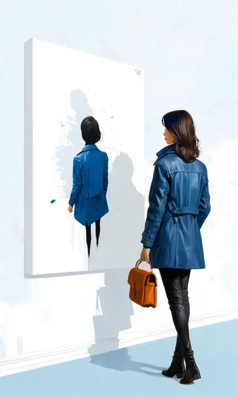 Minimalist,Art,Painting,Illustration,Ultra high details,a woman with a leather bag and a blue jacket standing in front of an empty white painting on a wall,view from behind,bright background,Atey Ghailan,book cover,a poster,les automatistes